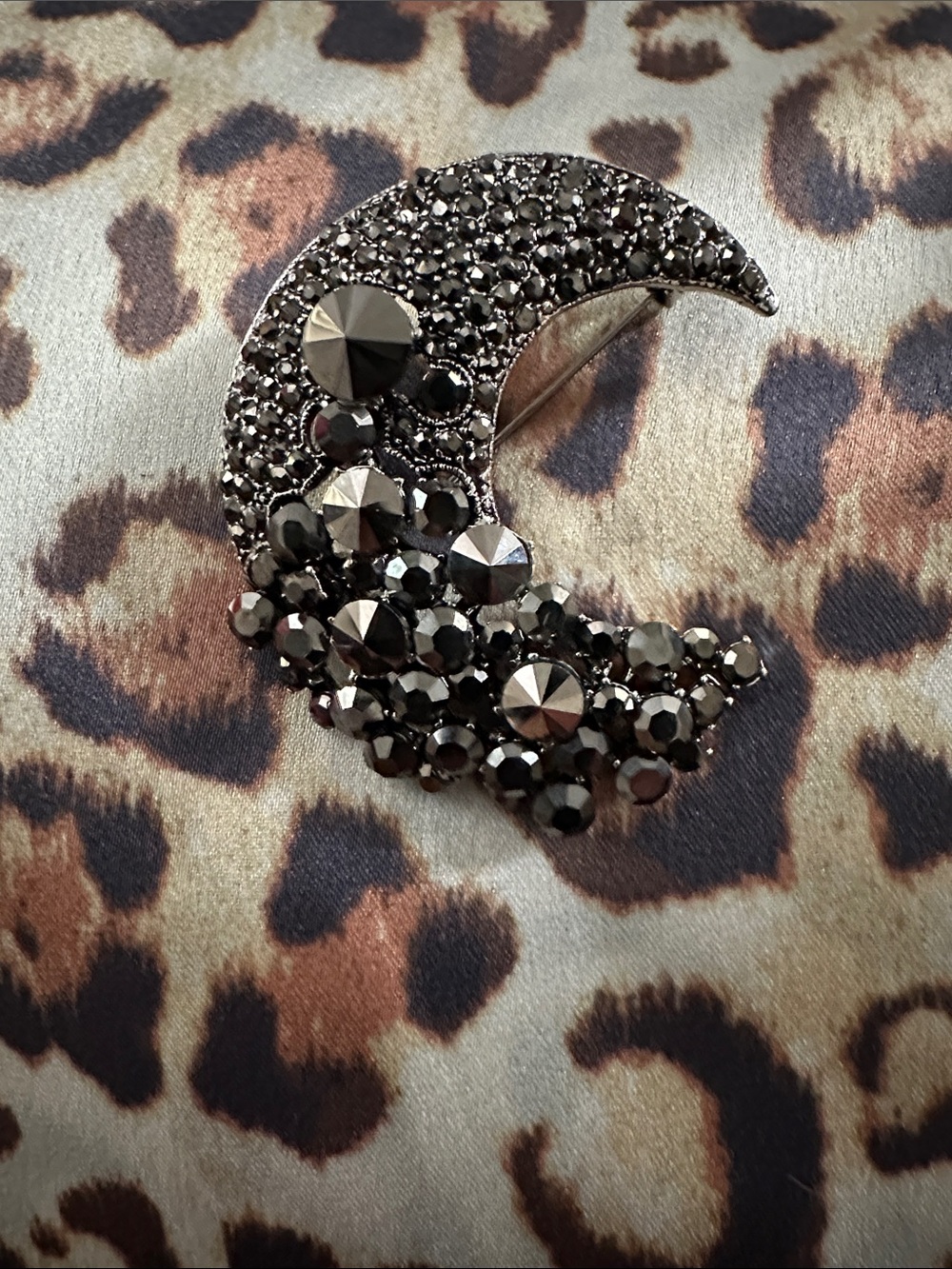 Black Crystal Crescent Moon Brooch with Faceted Stones